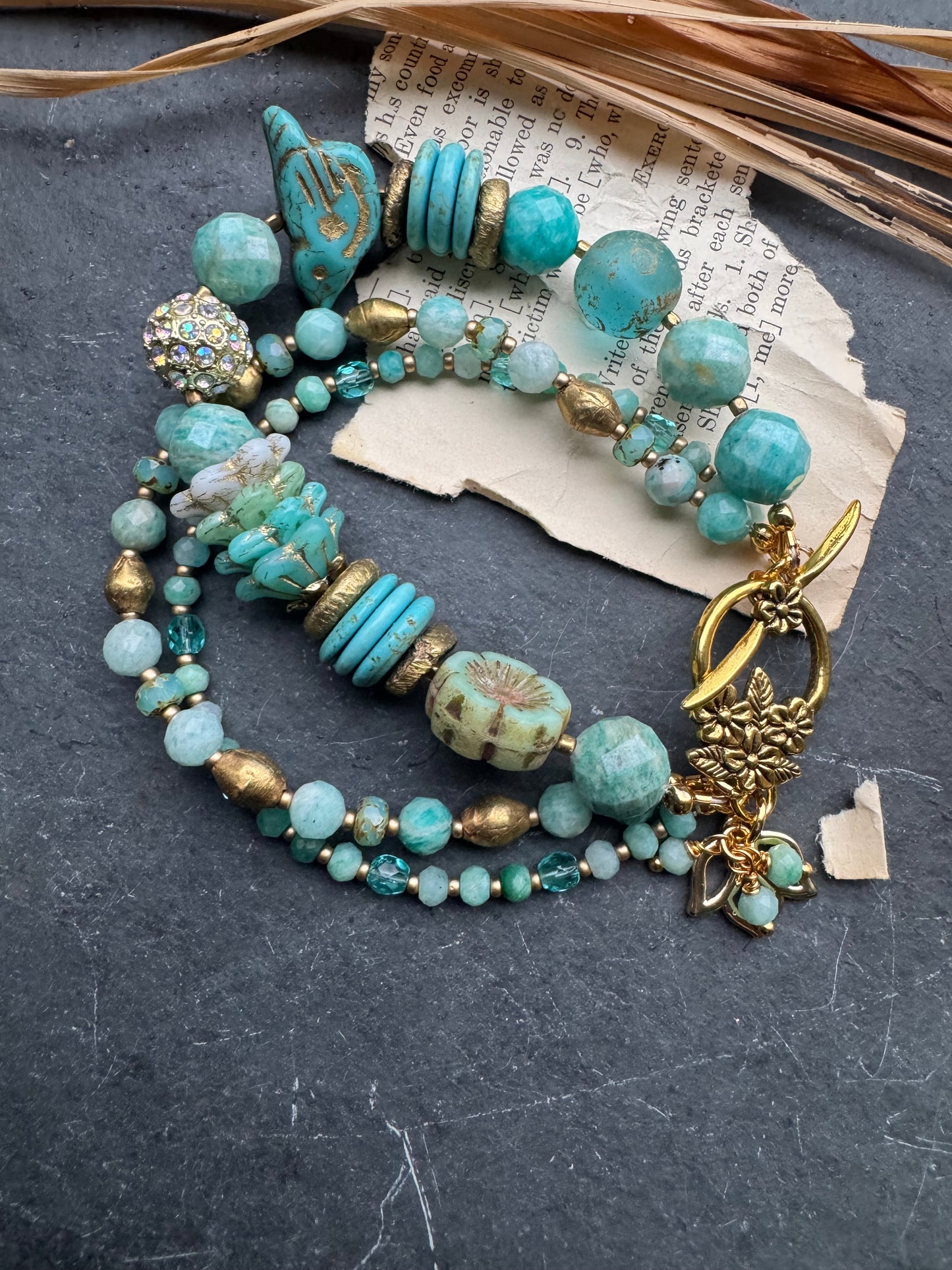 Turquoise (mag) stone, czech glass, Amazonite, African brass, bracelet