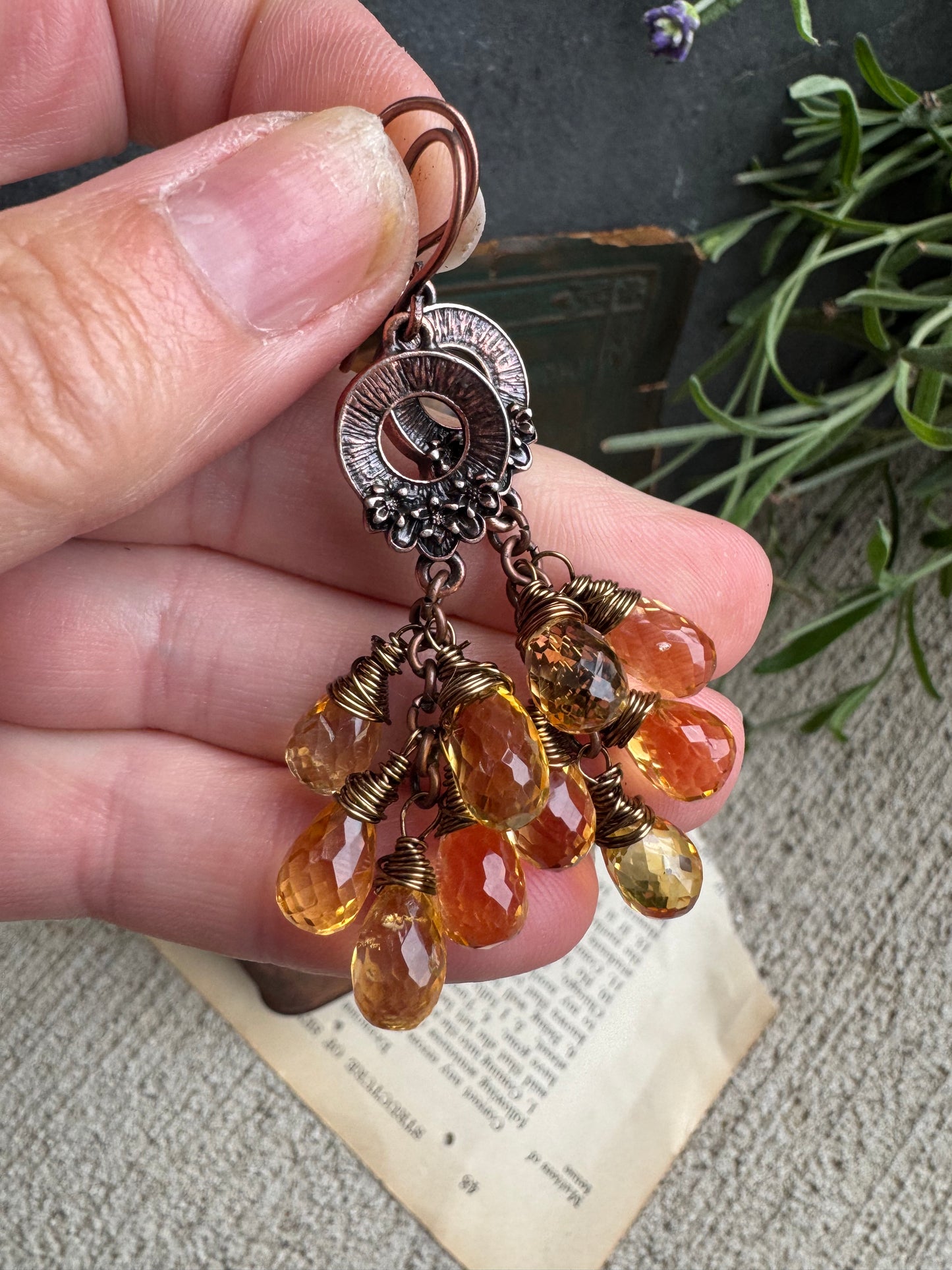 Flower copper detailed charms, faceted citrine stone, copper earrings