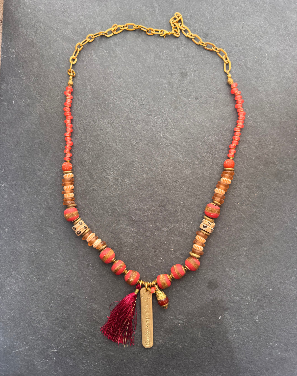 African Glass, wood, brass metal, necklace