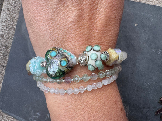 lampwork glass, amazonite , moonstone, fluorite, chalcedony, silver metal, bracelet