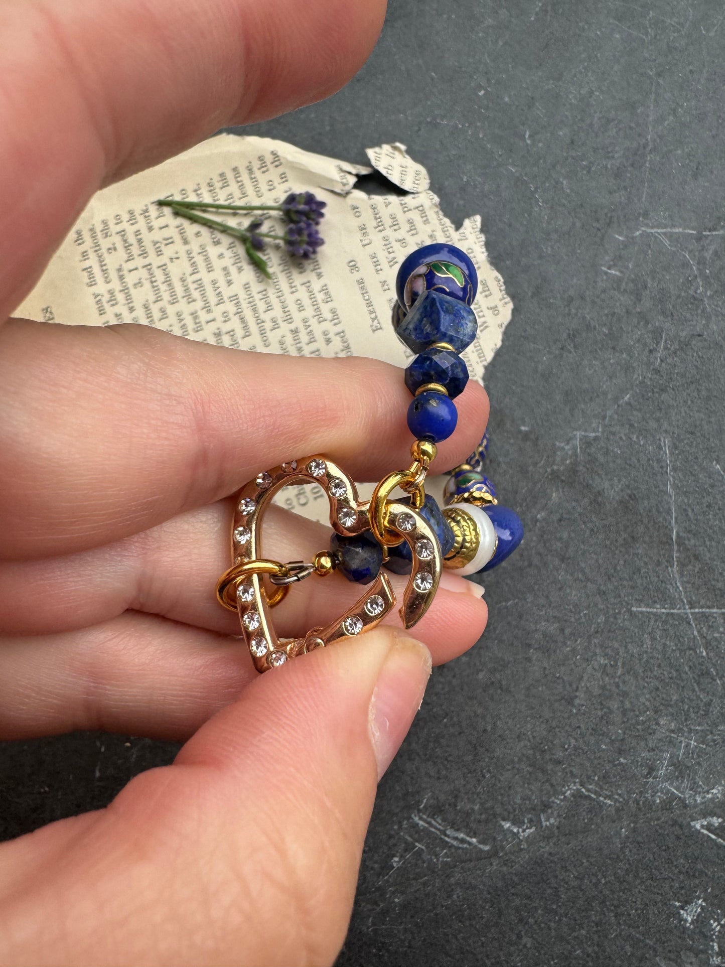 Lapis lazuli stone, ceramic, Cloisonné, pearls, gold metal, bracelet, carabiner clasp
