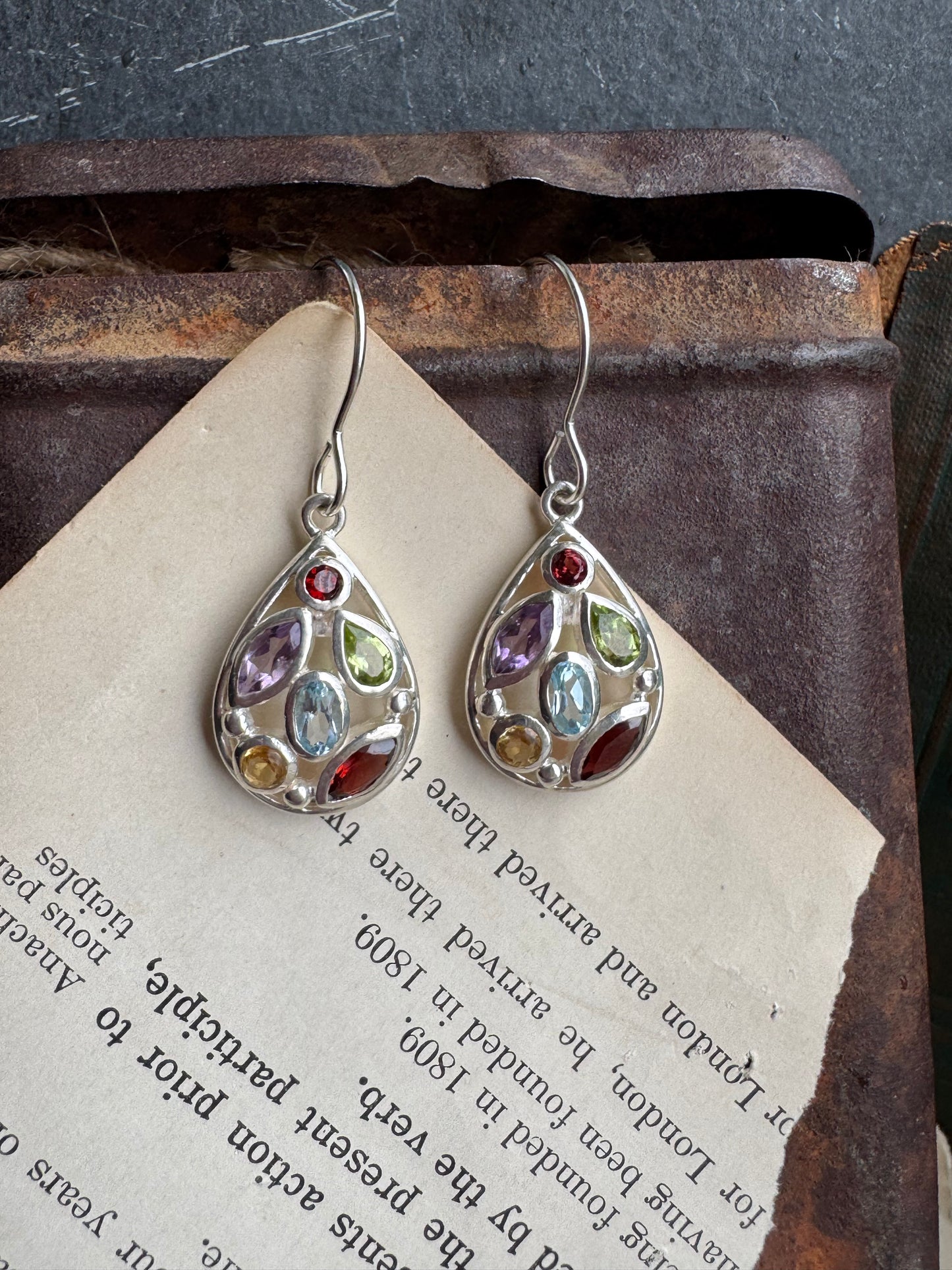 Sterling silver earrings. Garnet, amethyst, peridot, aquamarine stone mix.
