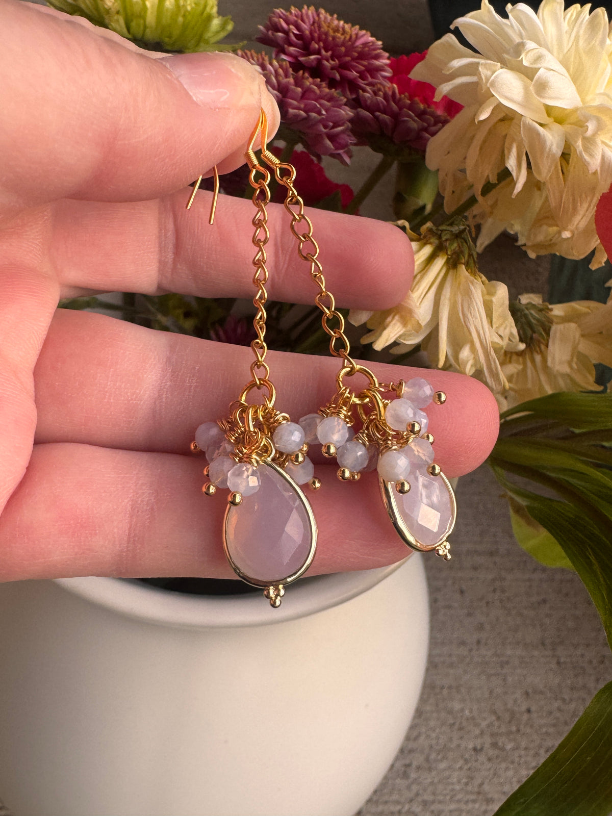 Blue agate stone, gold metal, drop earrings