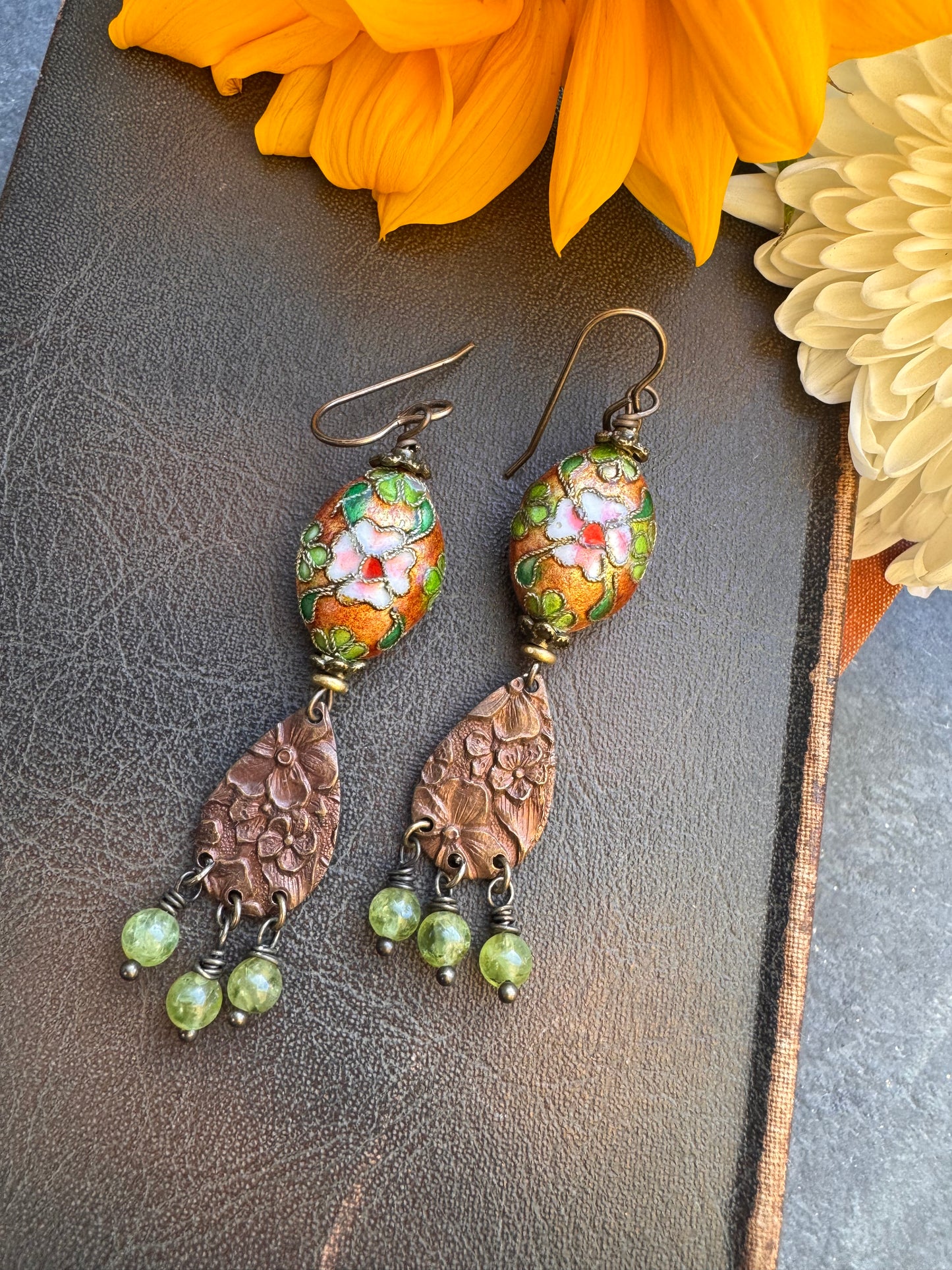 Green flowers. cloisonné, peridot stone, Vintaj brass metal, earrings