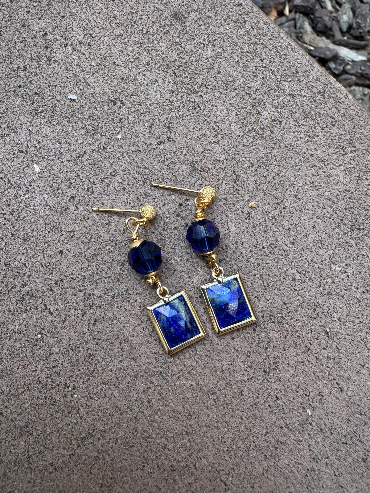 Lapis lazuli stone, blue crystals, gold metal, earrings