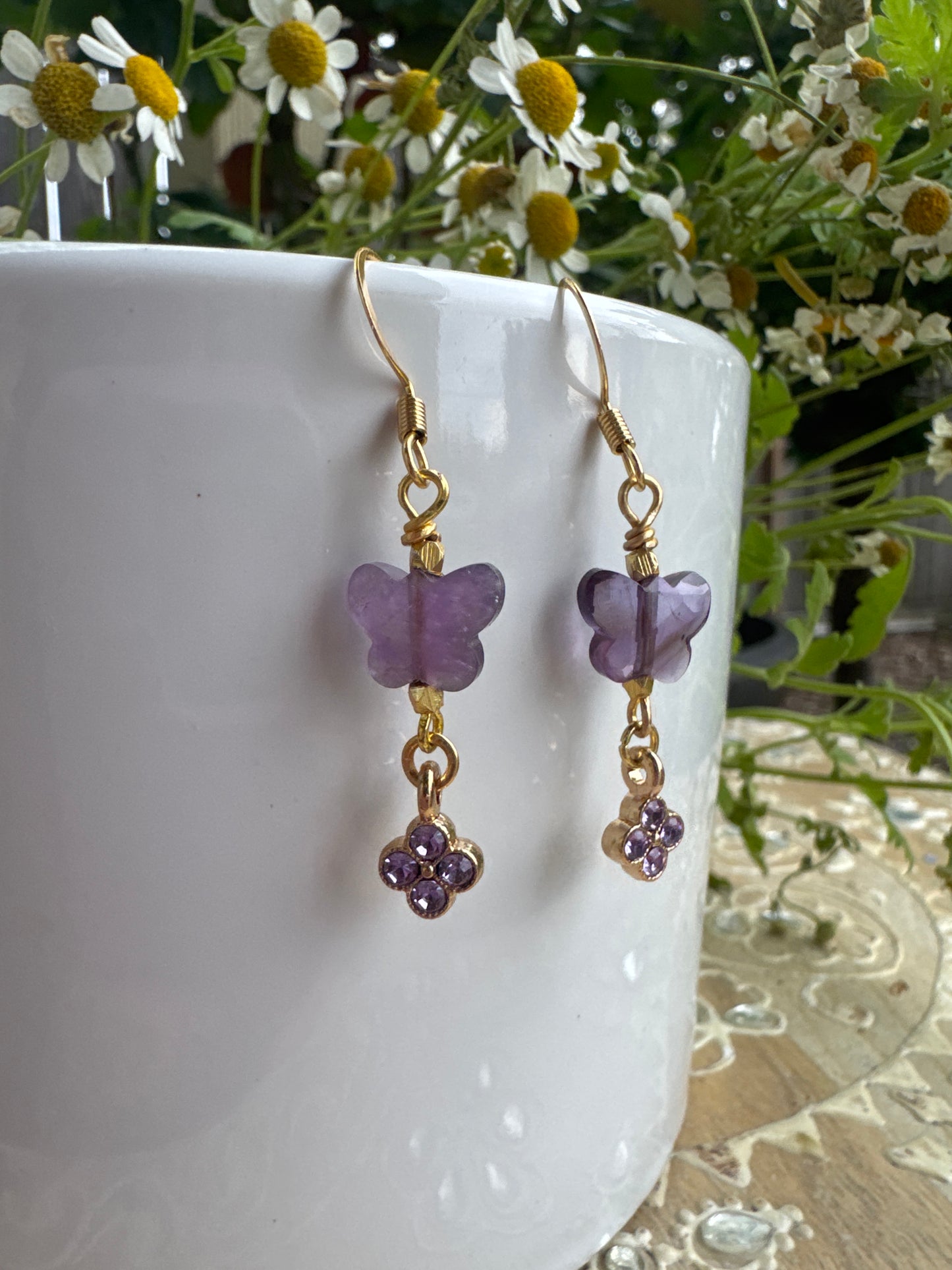 Amethyst butterfly stone, purple rhinestone charms, gold metal, earrings
