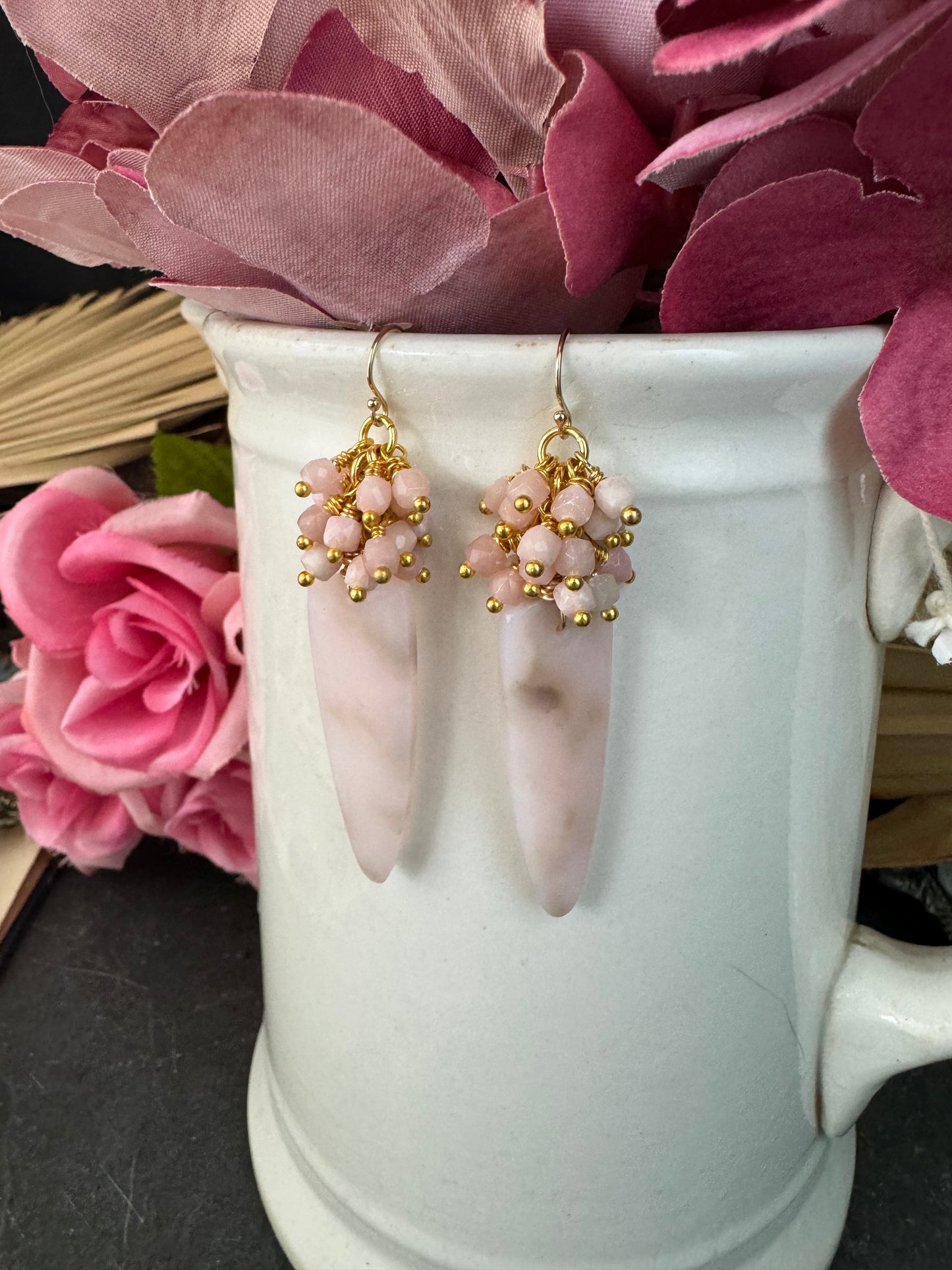 Pink opal stone, 10k gold metal, earrings