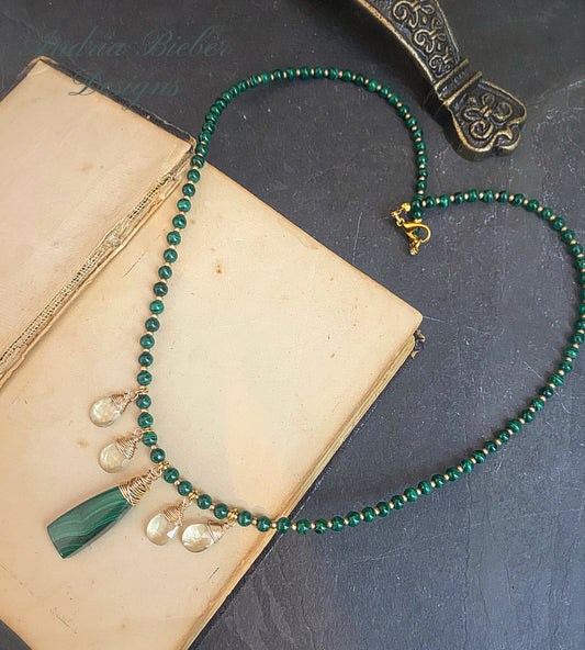 Genuine malachite gemstone, green amethyst, gold metal, necklace, jewelry