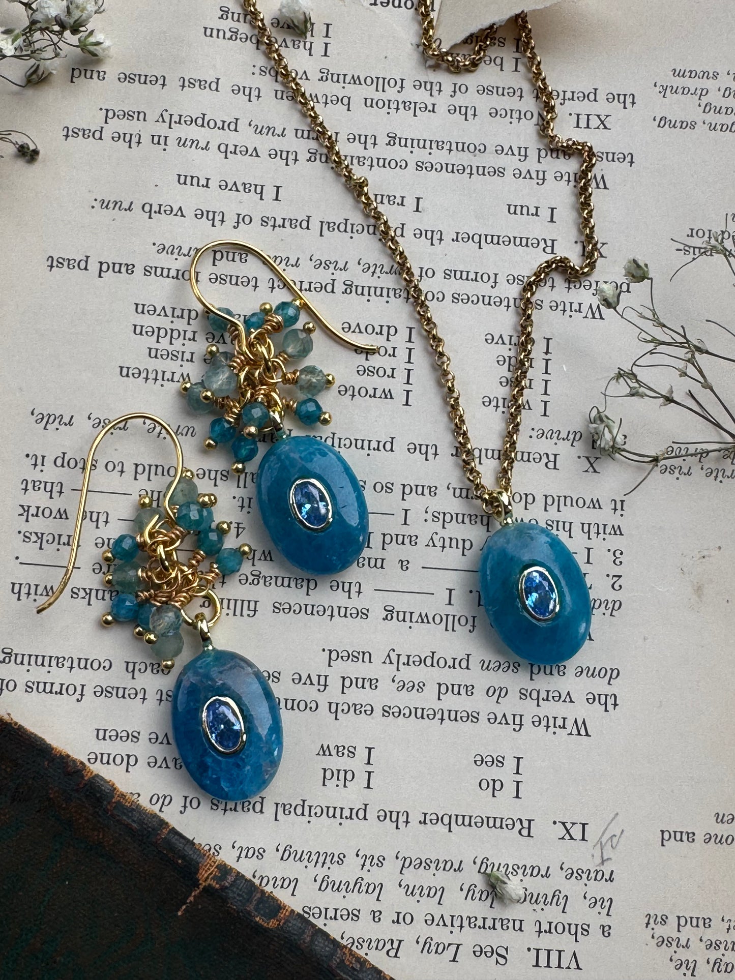 Apatite, blue crystal, gold metal, drop earrings