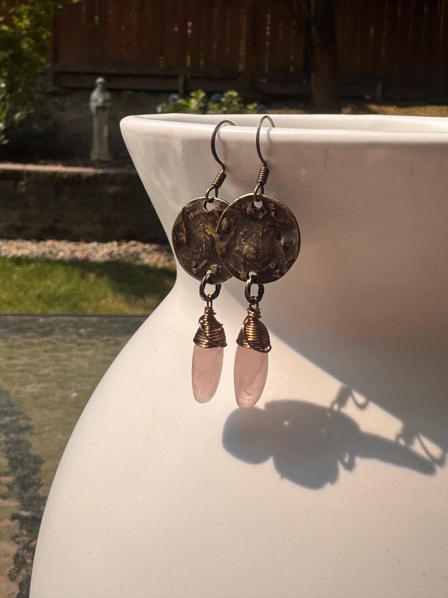 Rose quartz, brass metal, earrings