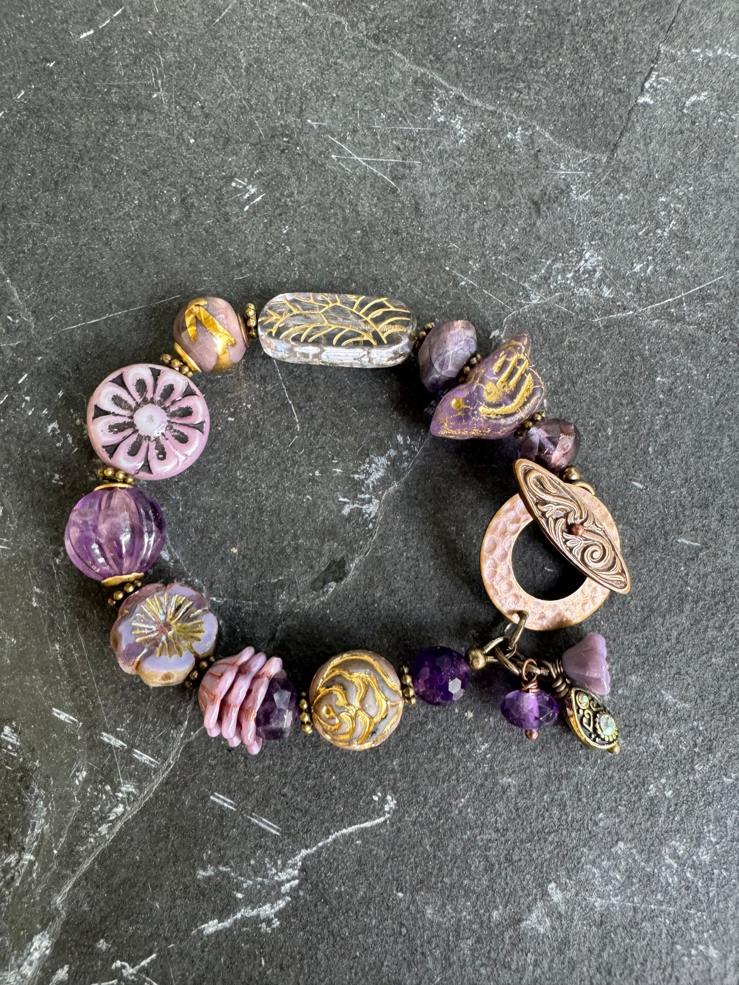 Amethyst stone, czech glass, brass, bracelet.