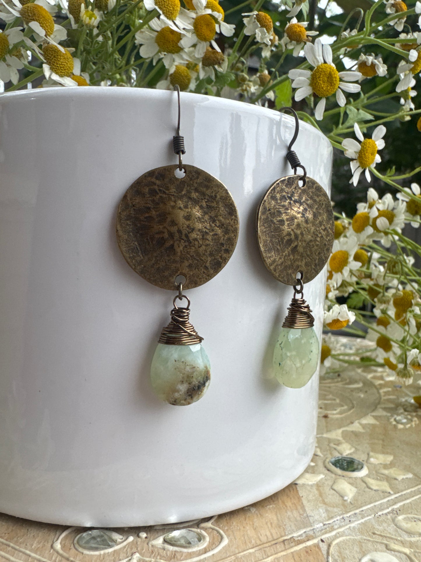 Brass hammered charms, chalcedony stone, earrings