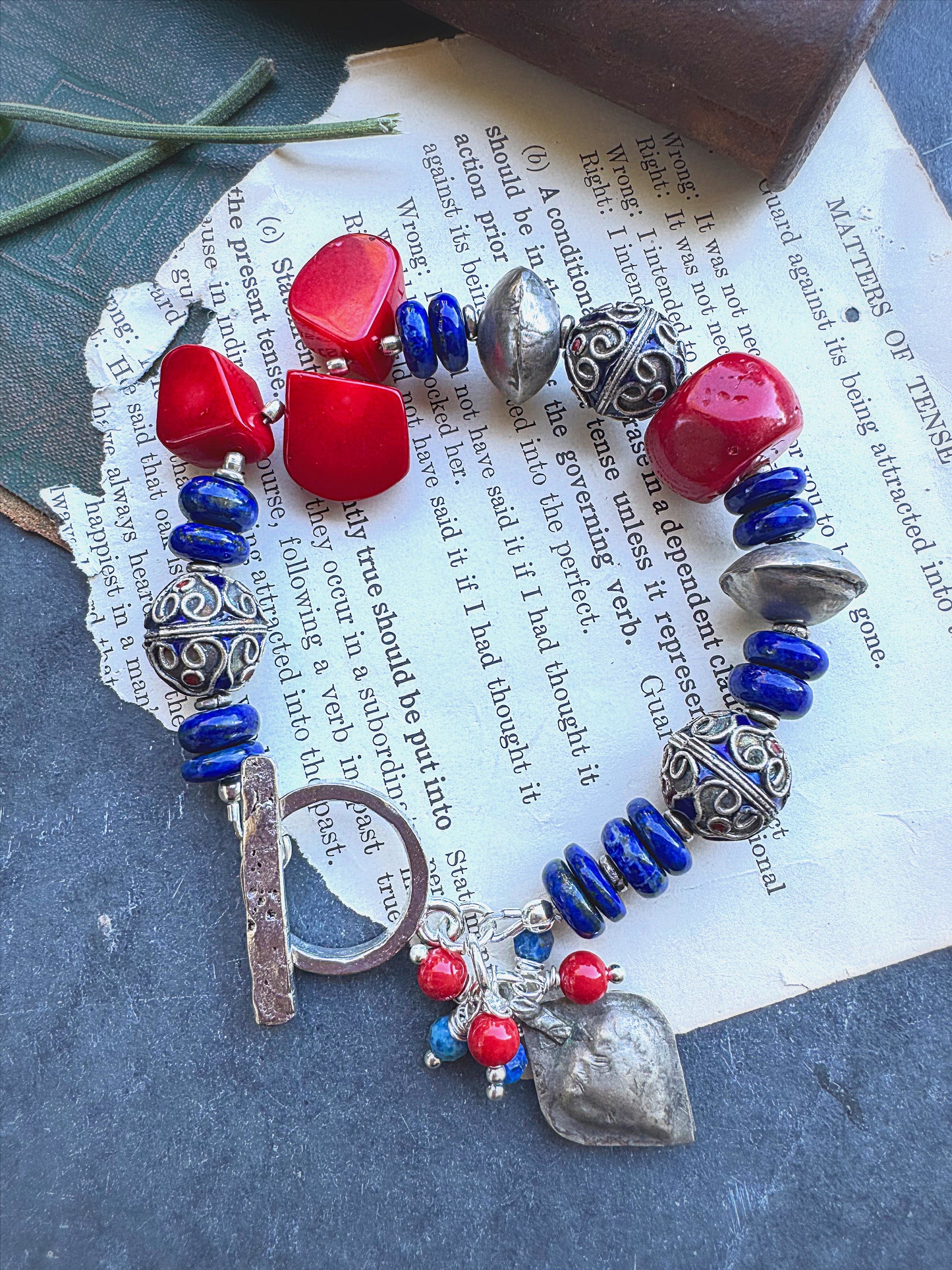 Lapis lazuli stone, red coral, silver metal, bracelet