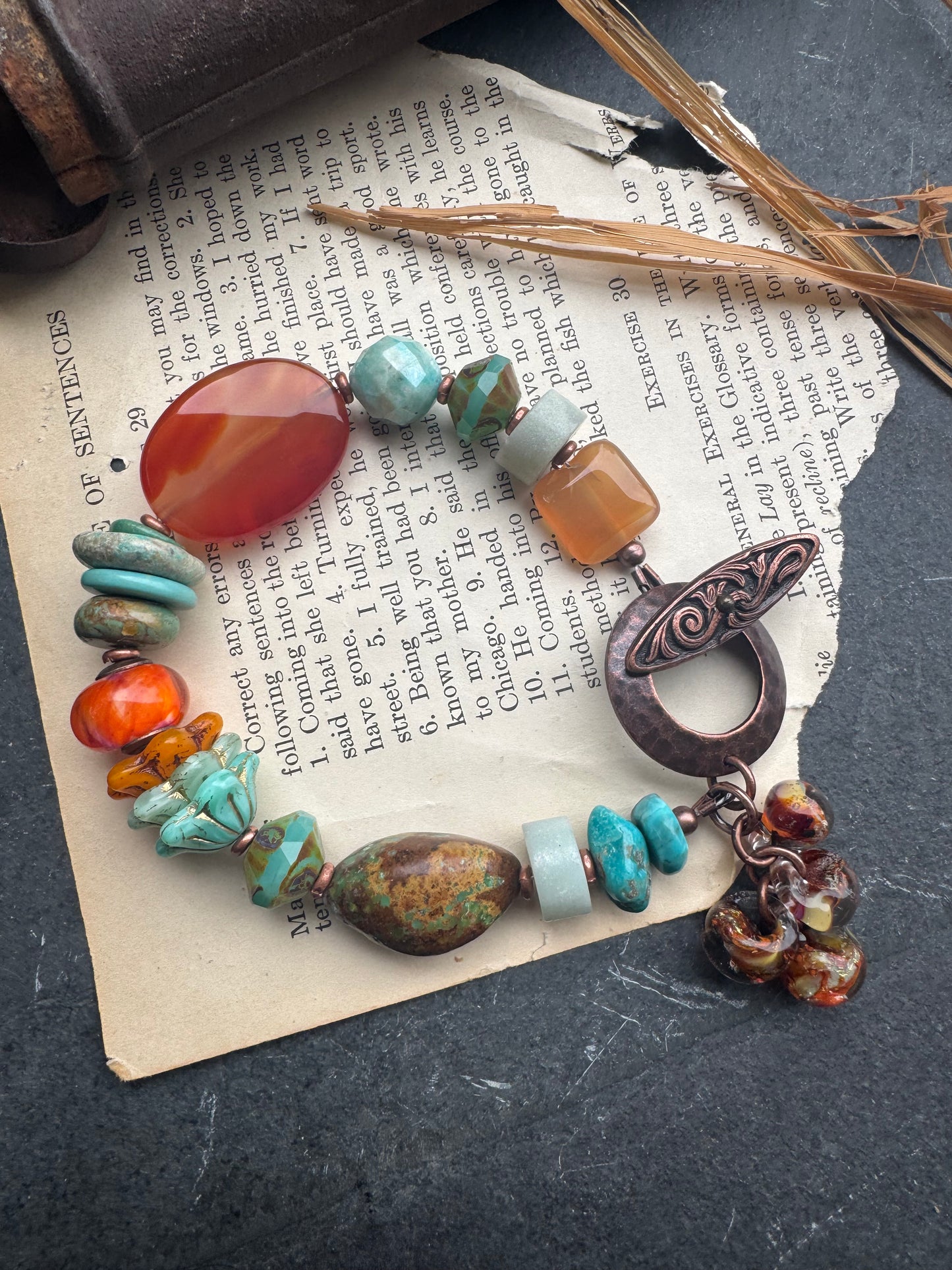 Turquoise (kingman), carnelian agate, Amazonite, Czech glass, copper, lampwork glass, bracelet