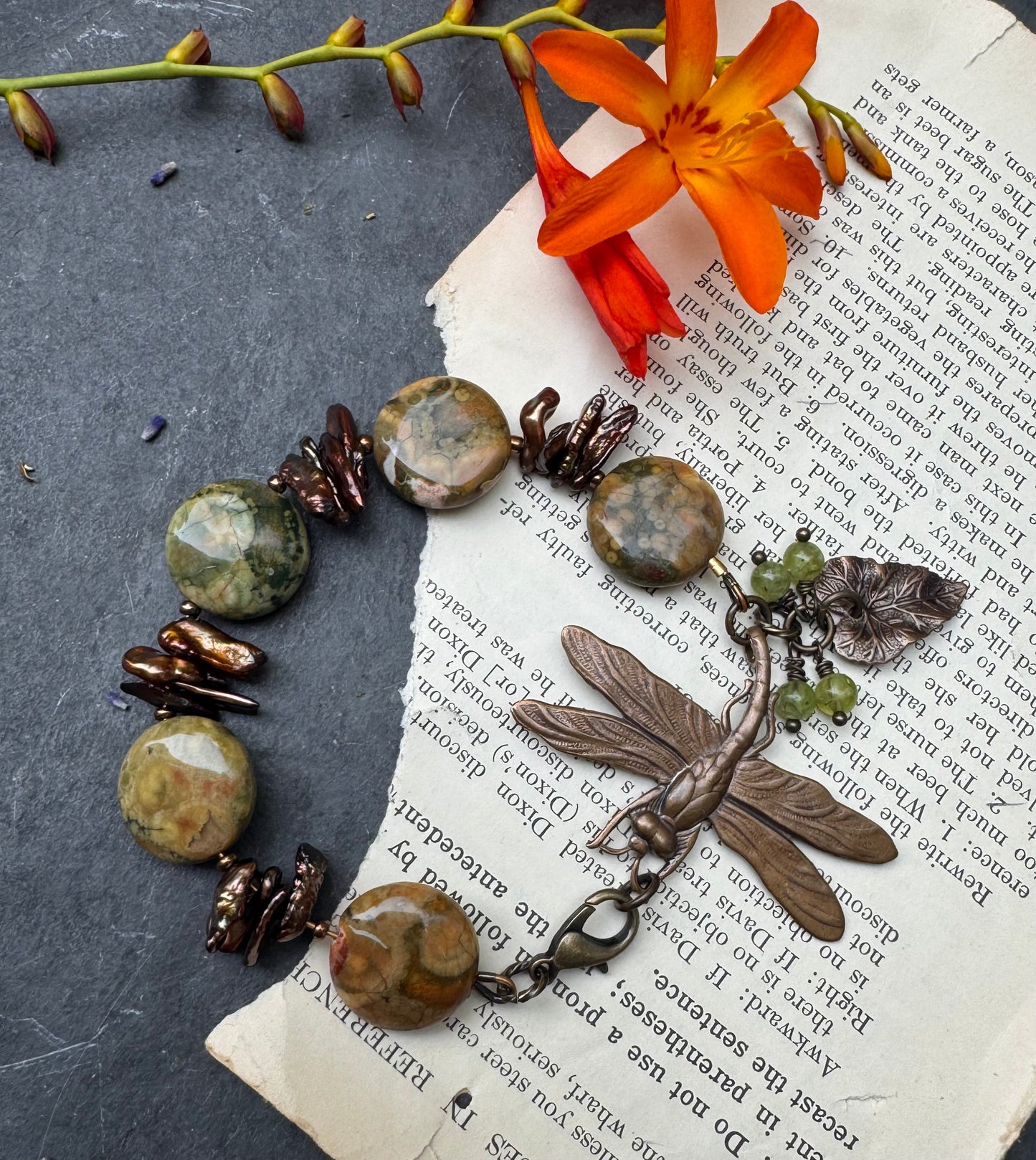 Green opal, brown pearls, peridot, Vintaj brass, bracelet.