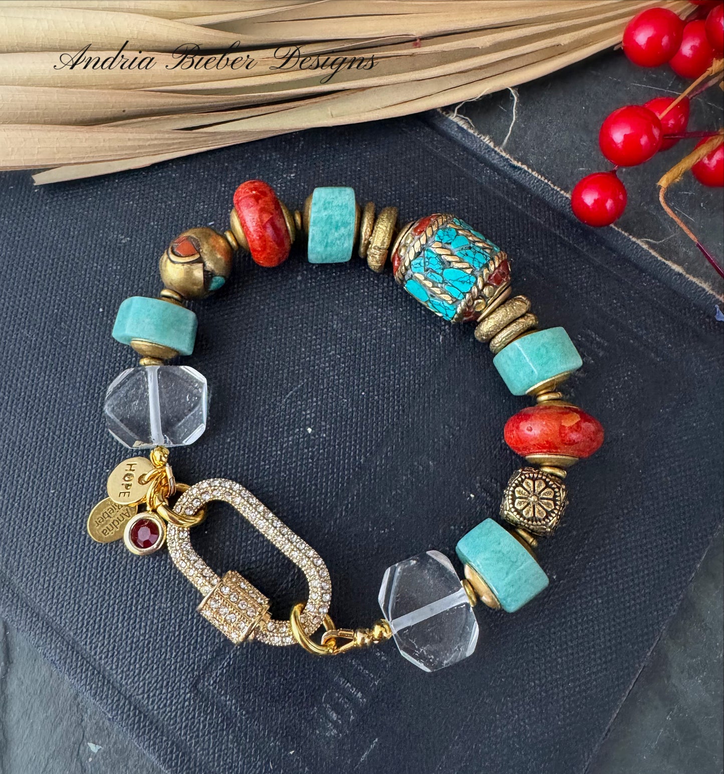 Amazonite stone, quartz stone, nepal beads, red coral, detailed brass beads, rhinestone clasp, bracelet.
