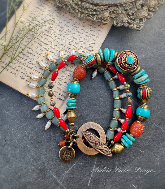 Hubei Turquoise, Papaya Java Glass, African brass, pearls, red coral, Indonesian Glass, Nepal inlaid stone beads, orange carnelian agate, bracelet