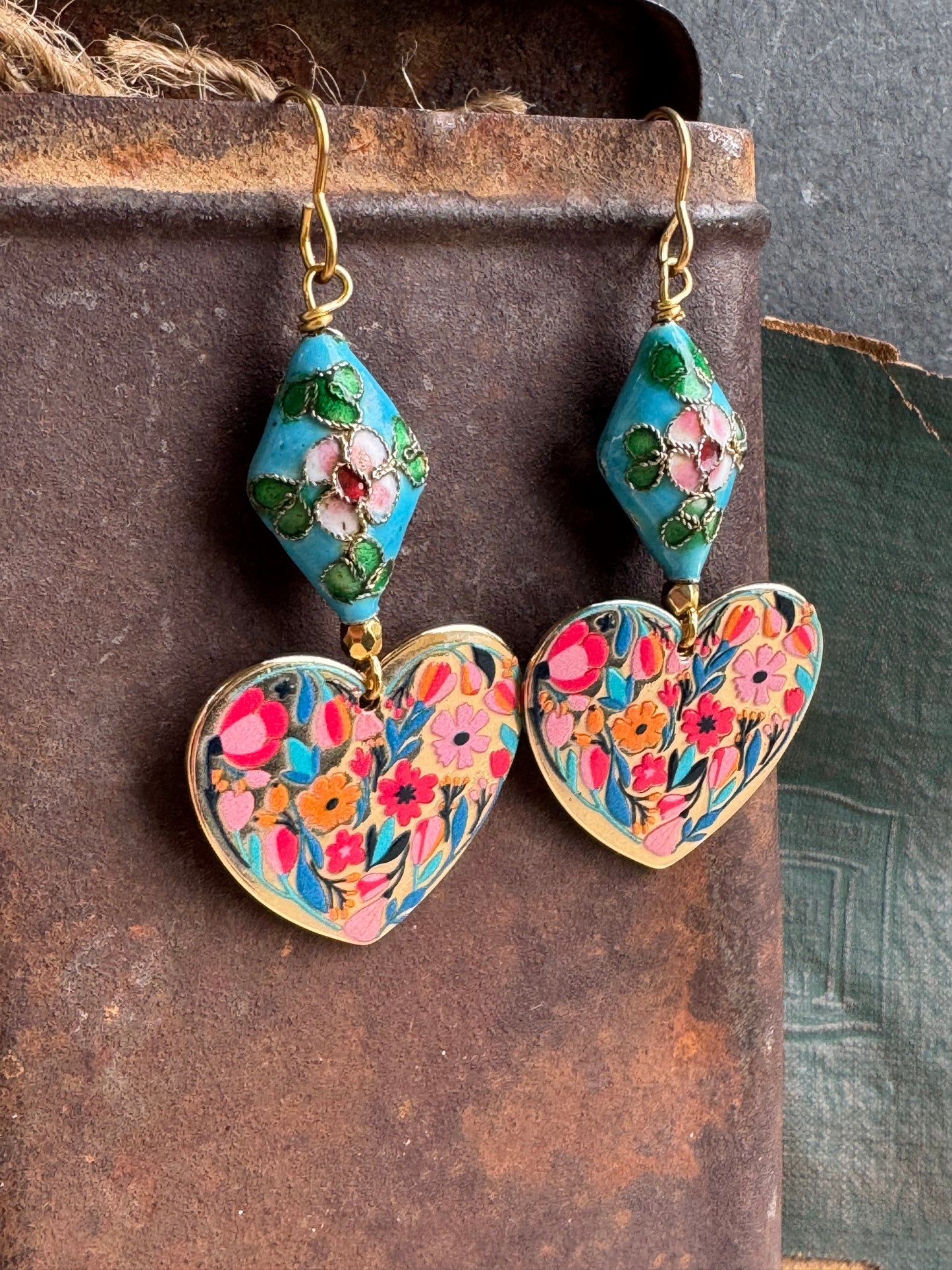 Enamel floral charm and floral cloisonné bead, lightweight earrings