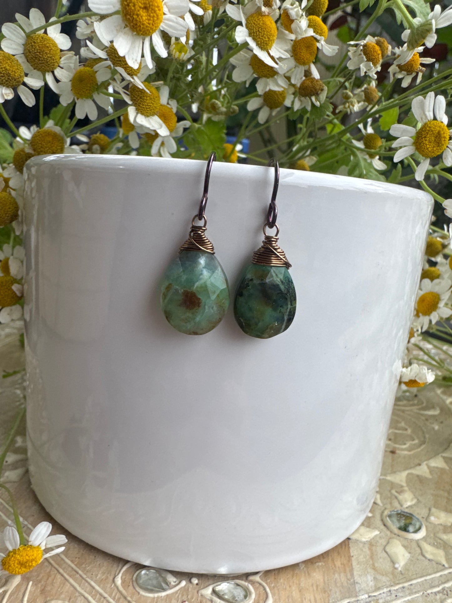Chalcedony stone, wire wrapped, earrings