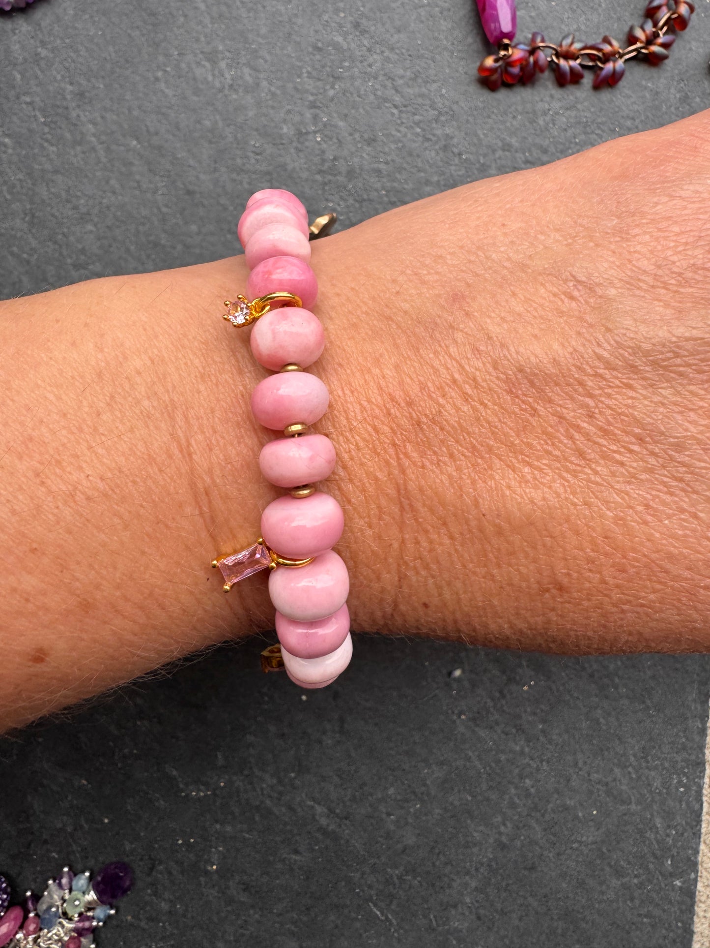 Pink opal, pink crystal and flower clasp bracelet