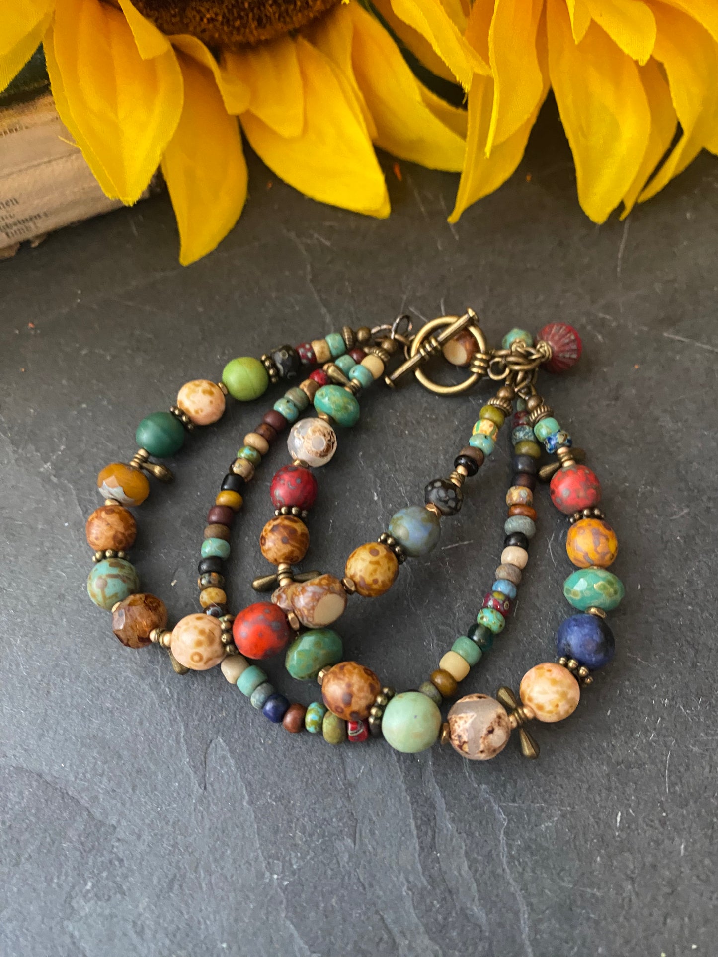 Namaste. Czech glass, agate stone, multi strand, bronze metal bracelet. - Andria Bieber Designs