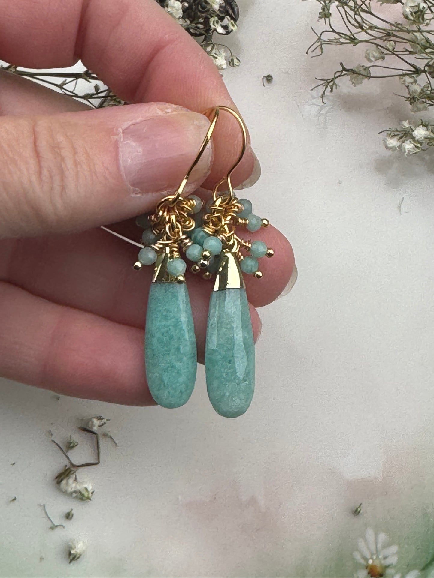 Amazonite stone, gold metal, earrings