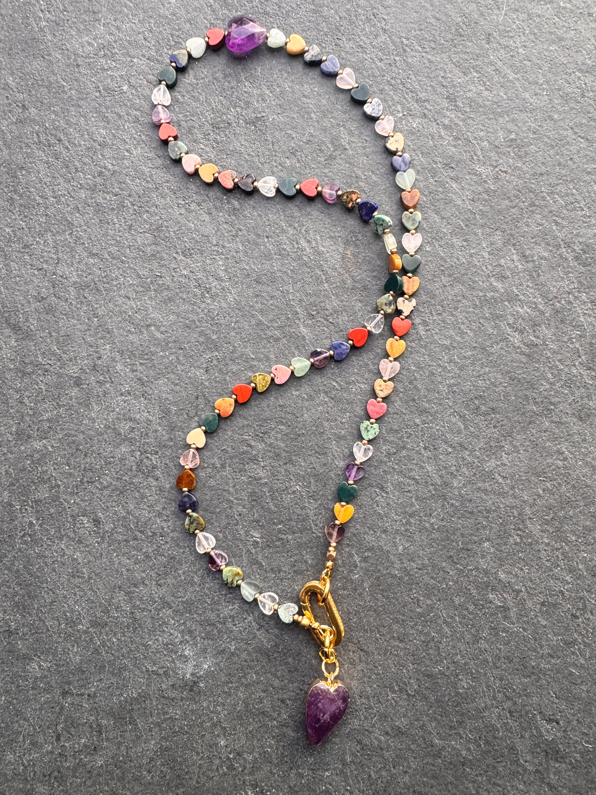 Mixed gemstone hearts, rhinestone beads, heart rose quartz pendant, and heart clasp, necklace