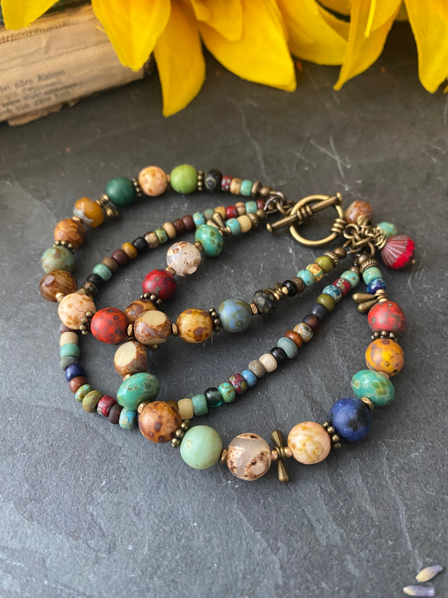 Namaste. Czech glass, agate stone, multi strand, bronze metal bracelet. - Andria Bieber Designs