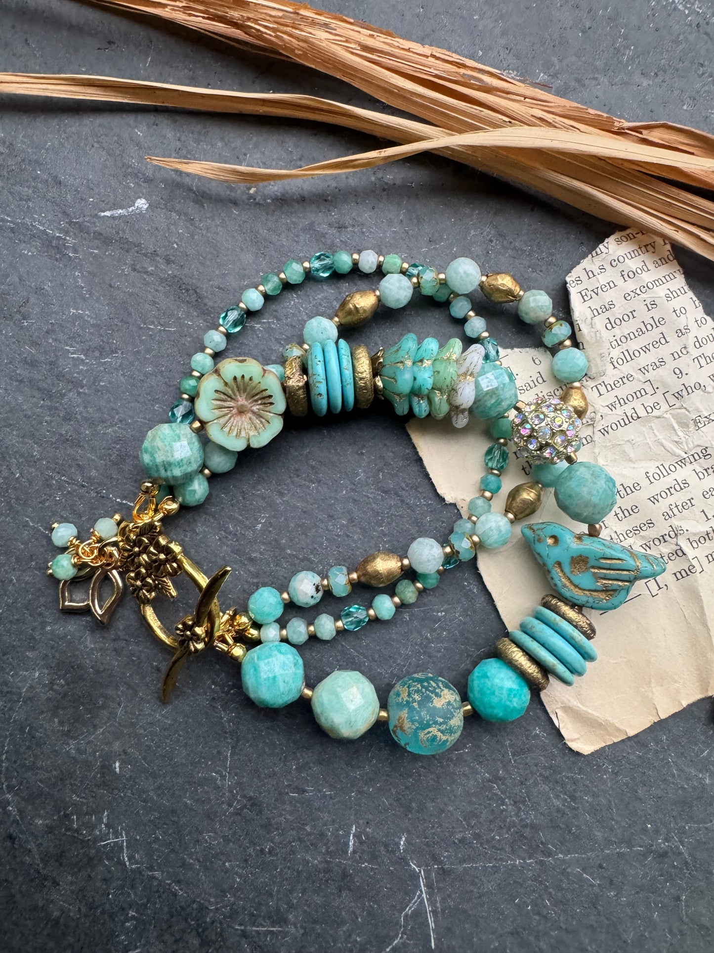 Turquoise (mag) stone, czech glass, Amazonite, African brass, bracelet