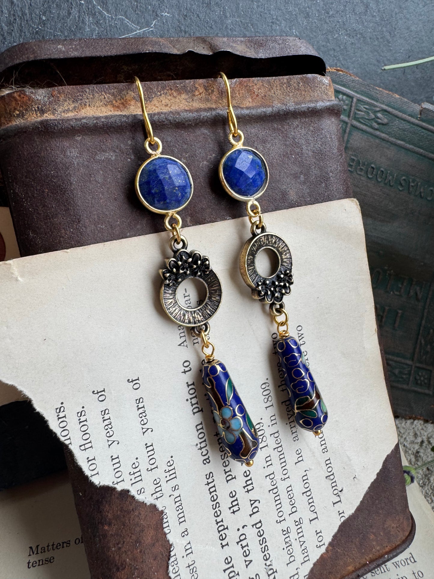 Gold flower charms, lapis stone, Cloisonné beads, earrings