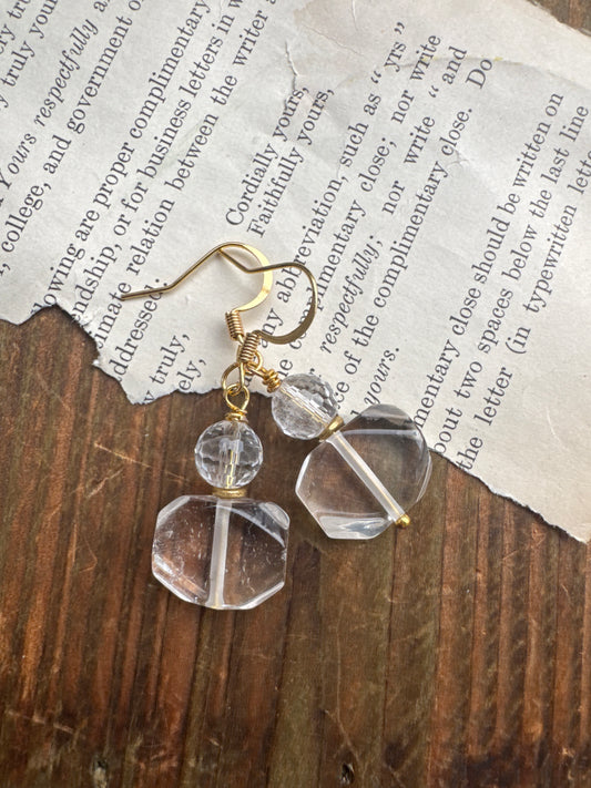 Clear quartz stone, gold metal, earrings