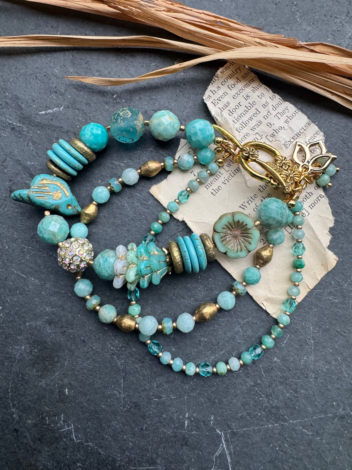 Turquoise (mag) stone, czech glass, Amazonite, African brass, bracelet
