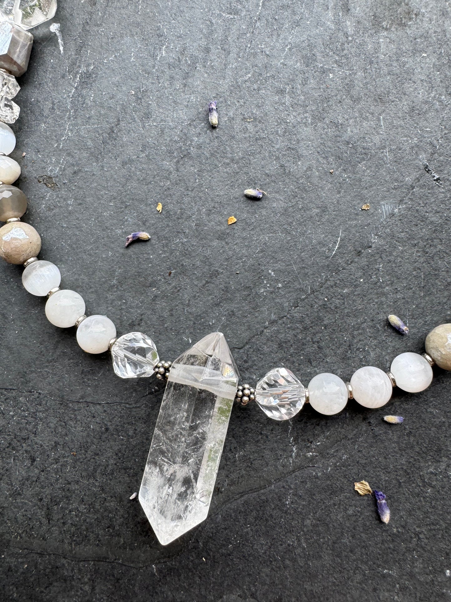 Labradorite stone, clear quartz, moonstone, crystal pendant, sterling silver metal, necklace.