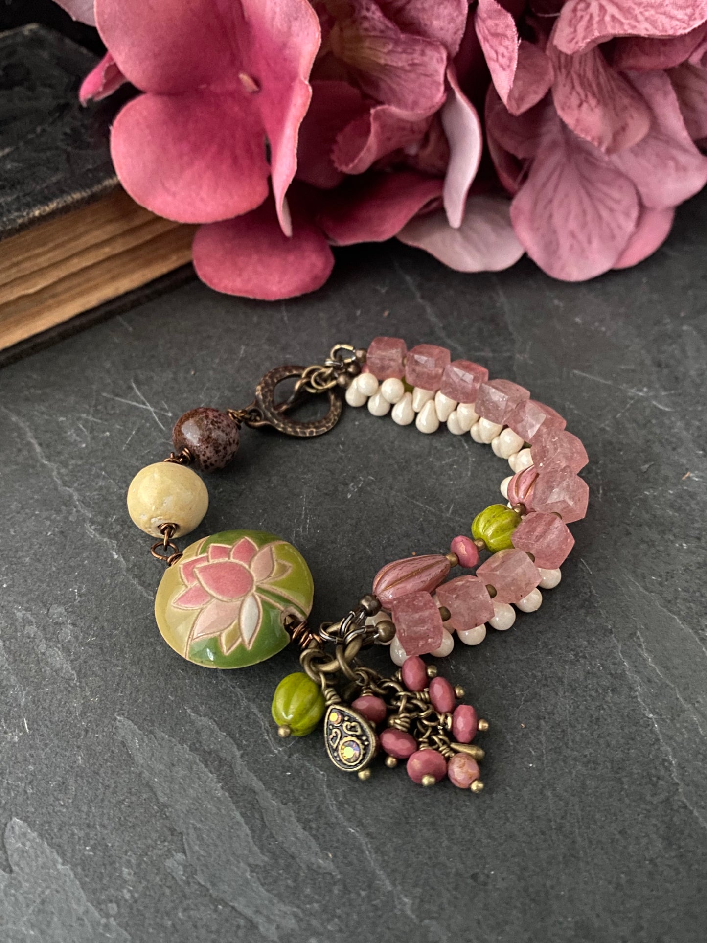 Lotus flower ceramic, strawberry, quartz , Czech glass, bronze metal, bracelet, jewelry