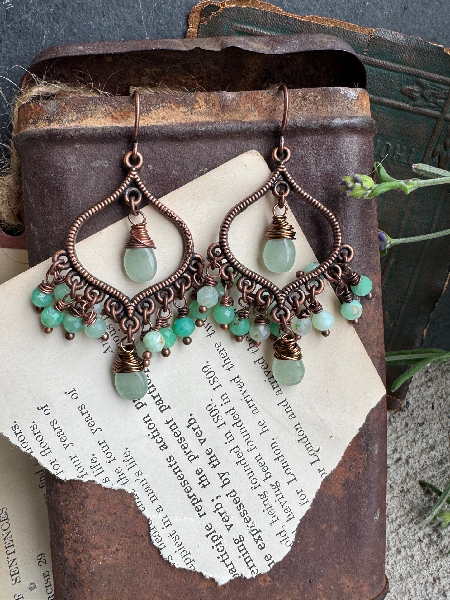 Chrysoprase stone, Drop detailed charms, copper earrings