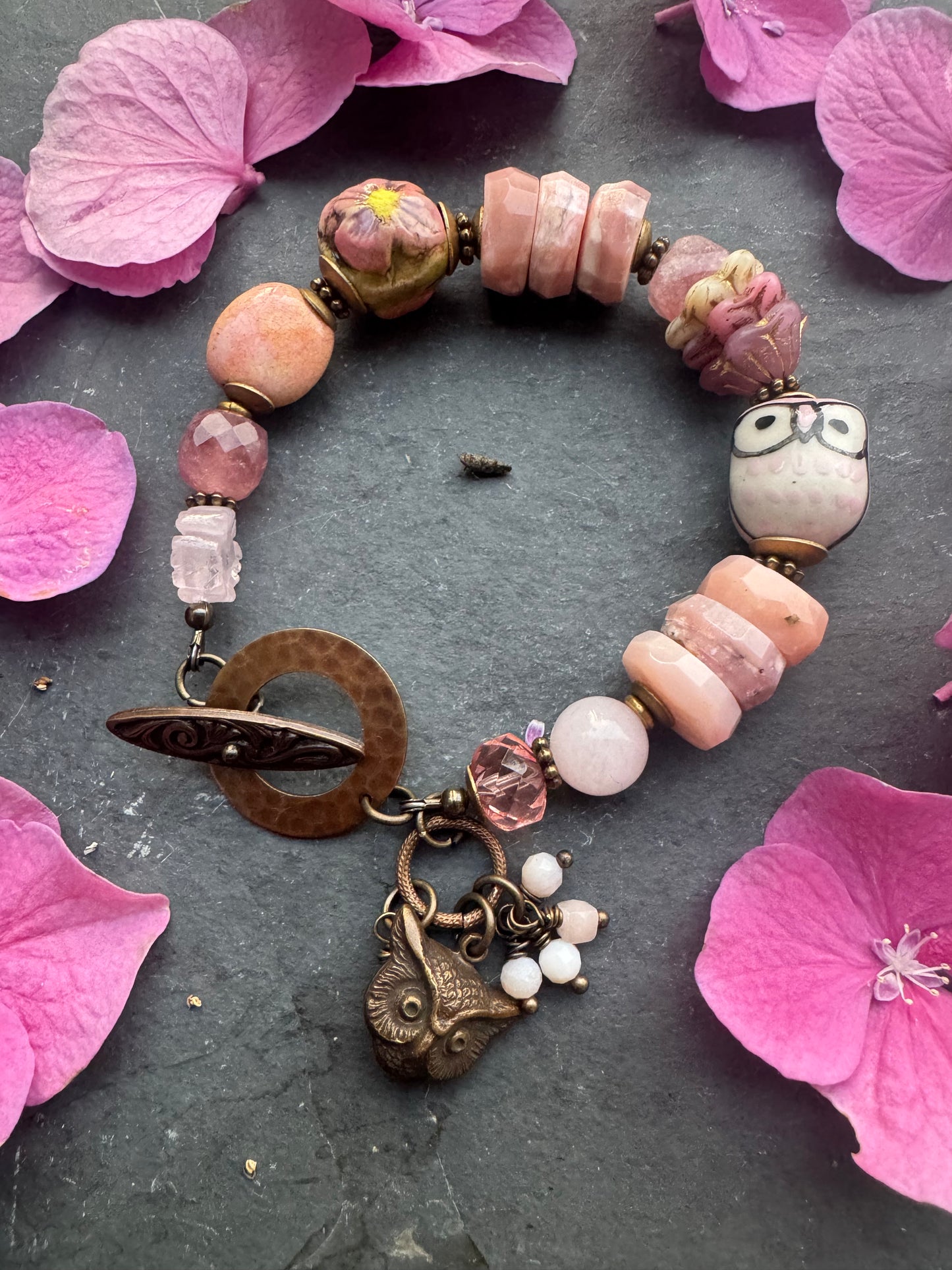Strawberry quartz, czech glass, lampwork glass, pink opal, ceramic, brass metal.