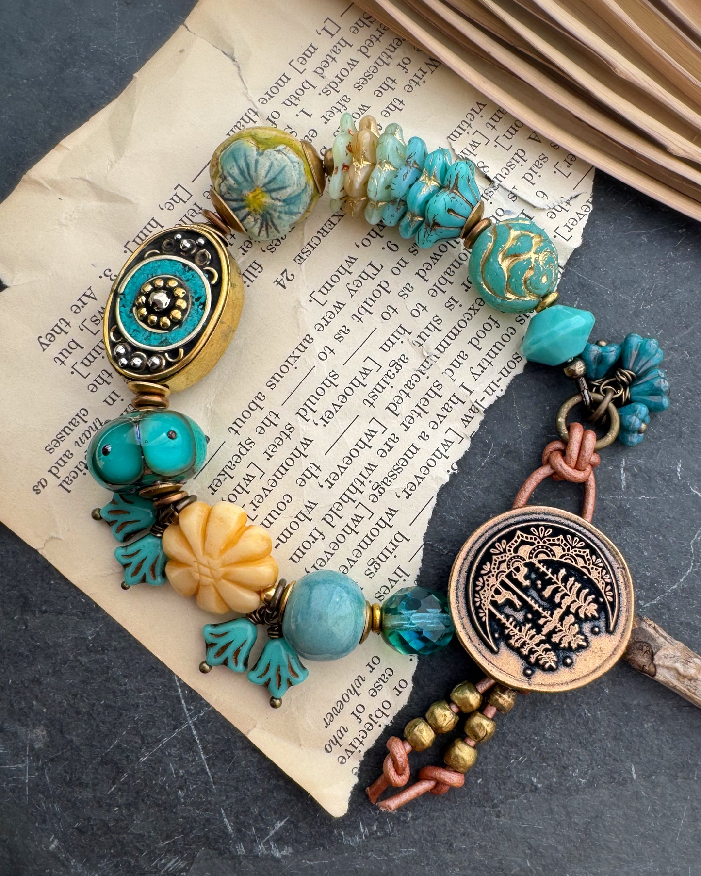 Handmade lampwork glass, Czech glass, ceramic, Indonesian with turquoise bead, bone flower and African brass, button flower, bracelet
