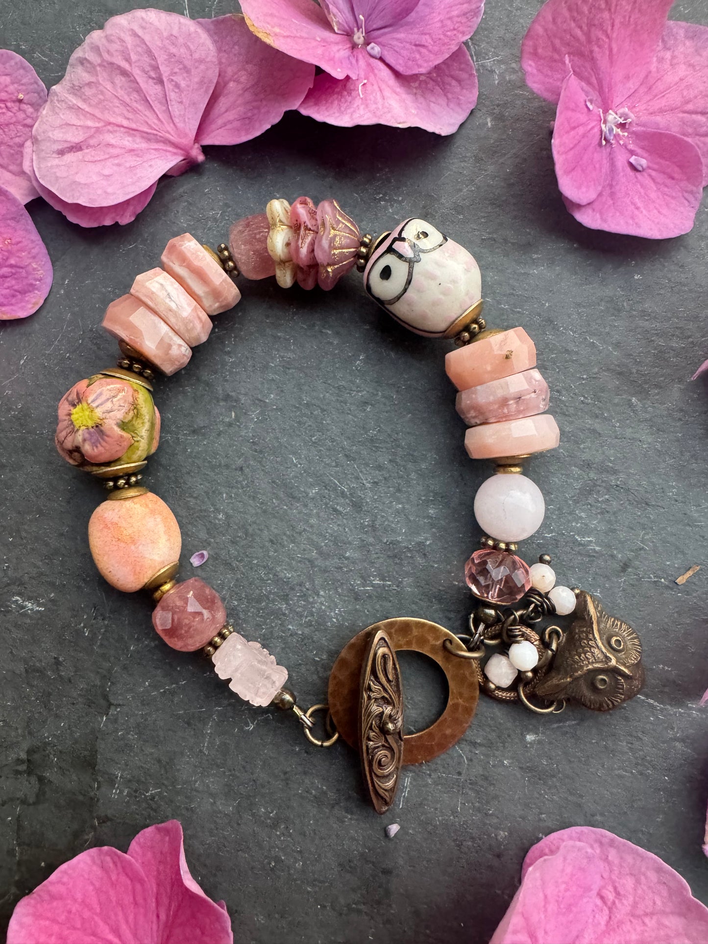 Strawberry quartz, czech glass, lampwork glass, pink opal, ceramic, brass metal.