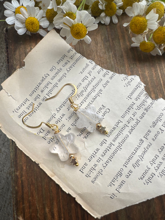 Clear quartz star shape stone, gold metal, star charm, earrings