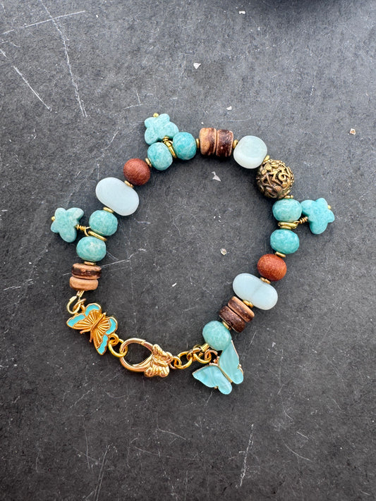 Amazonite, wood, gold metal charm bracelet.