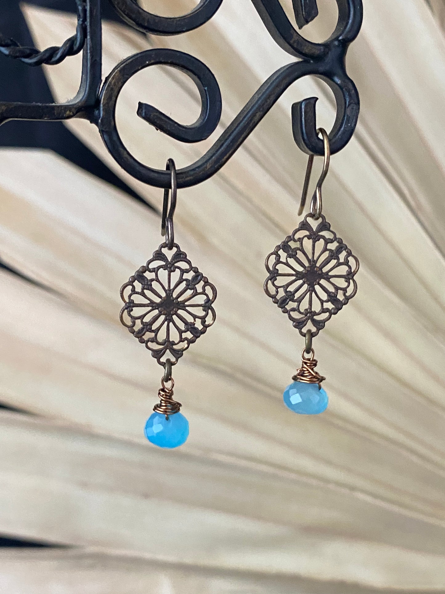 Blue chalcedony briolette drops, filigree bronze metal, earrings.