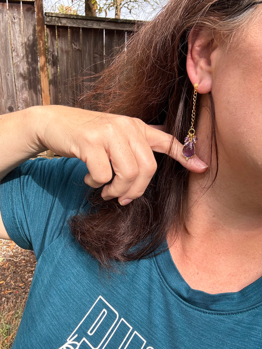 Amethyst stone, gold metal, drop earrings