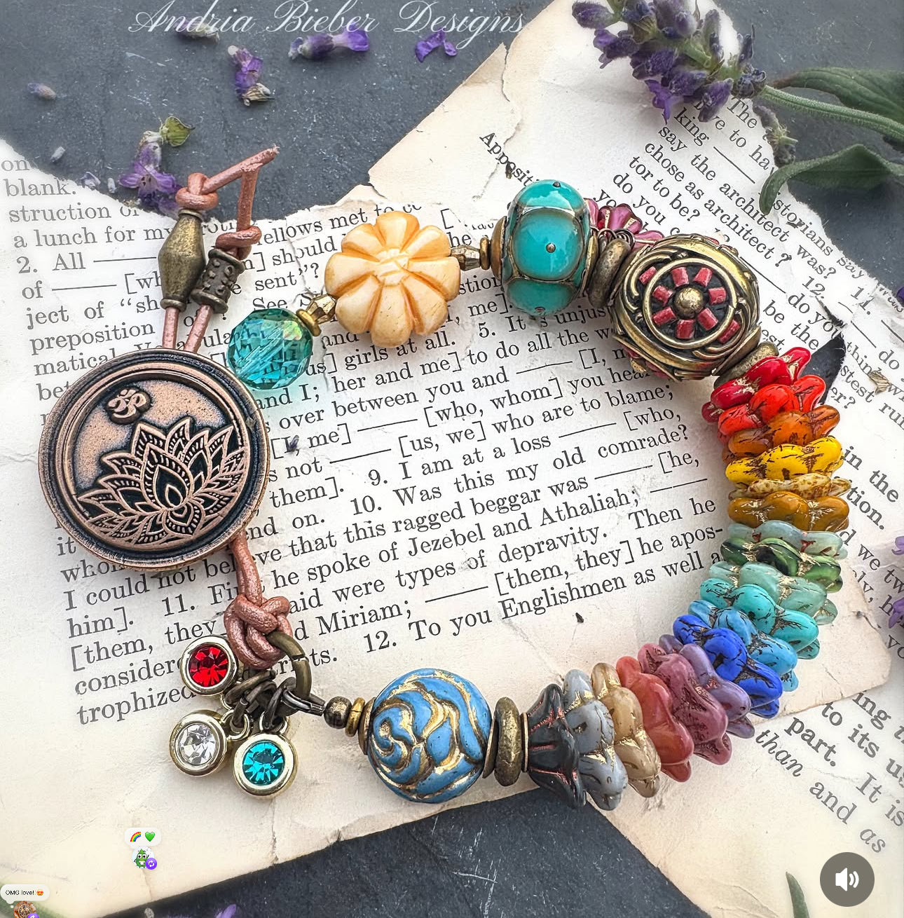 Lotus flower bronze button, Czech glass, Indonesian bead, bone, lampwork glass, African brass, bracelet