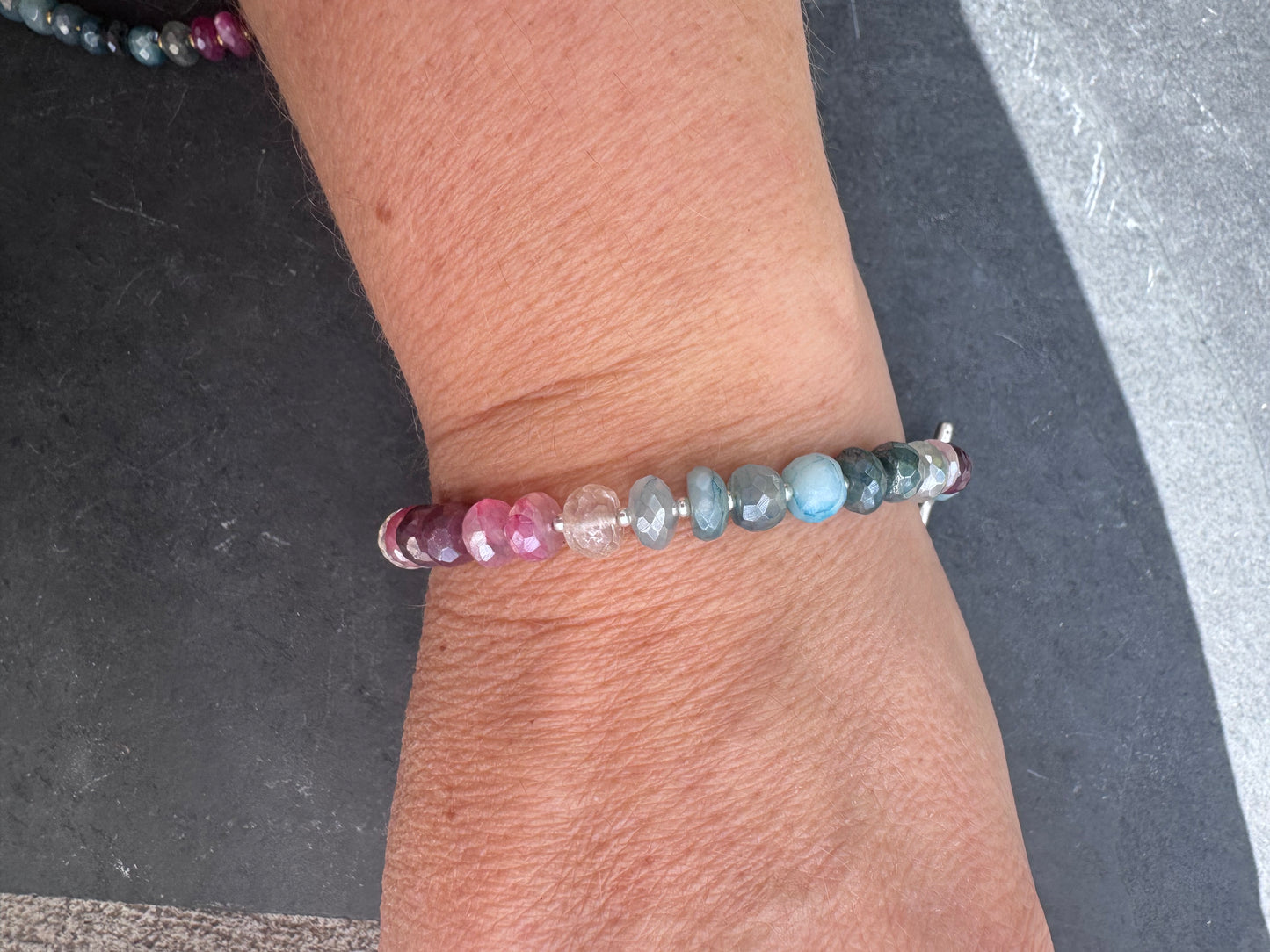 Charm, blue and pink moonstone bracelet. Silver metal bracelet.