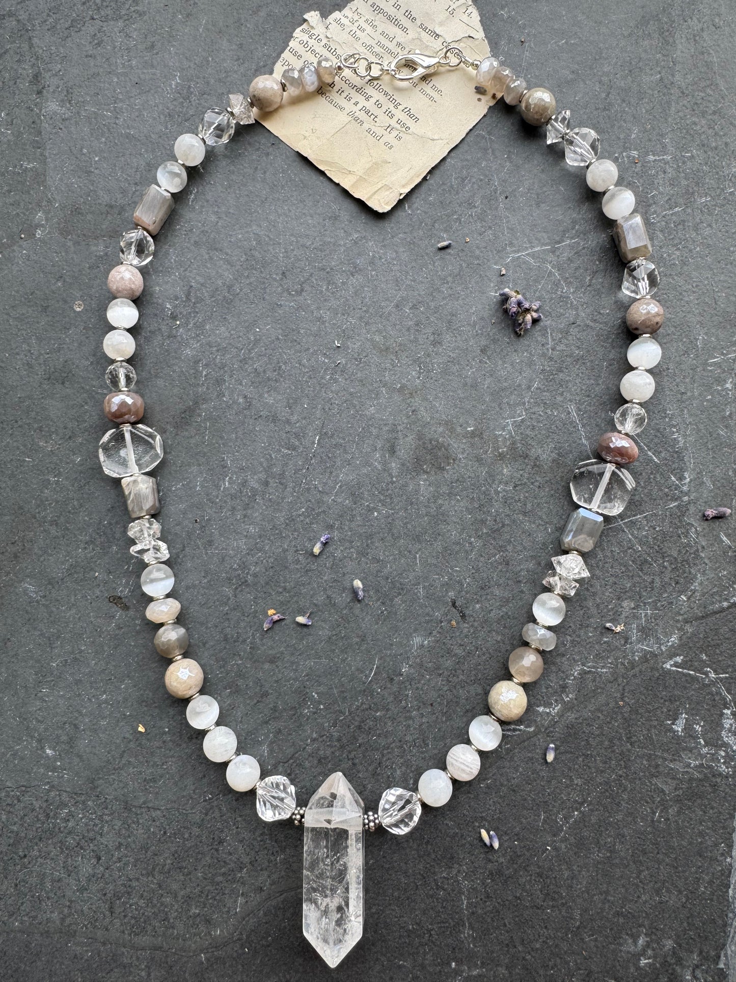 Labradorite stone, clear quartz, moonstone, crystal pendant, sterling silver metal, necklace.
