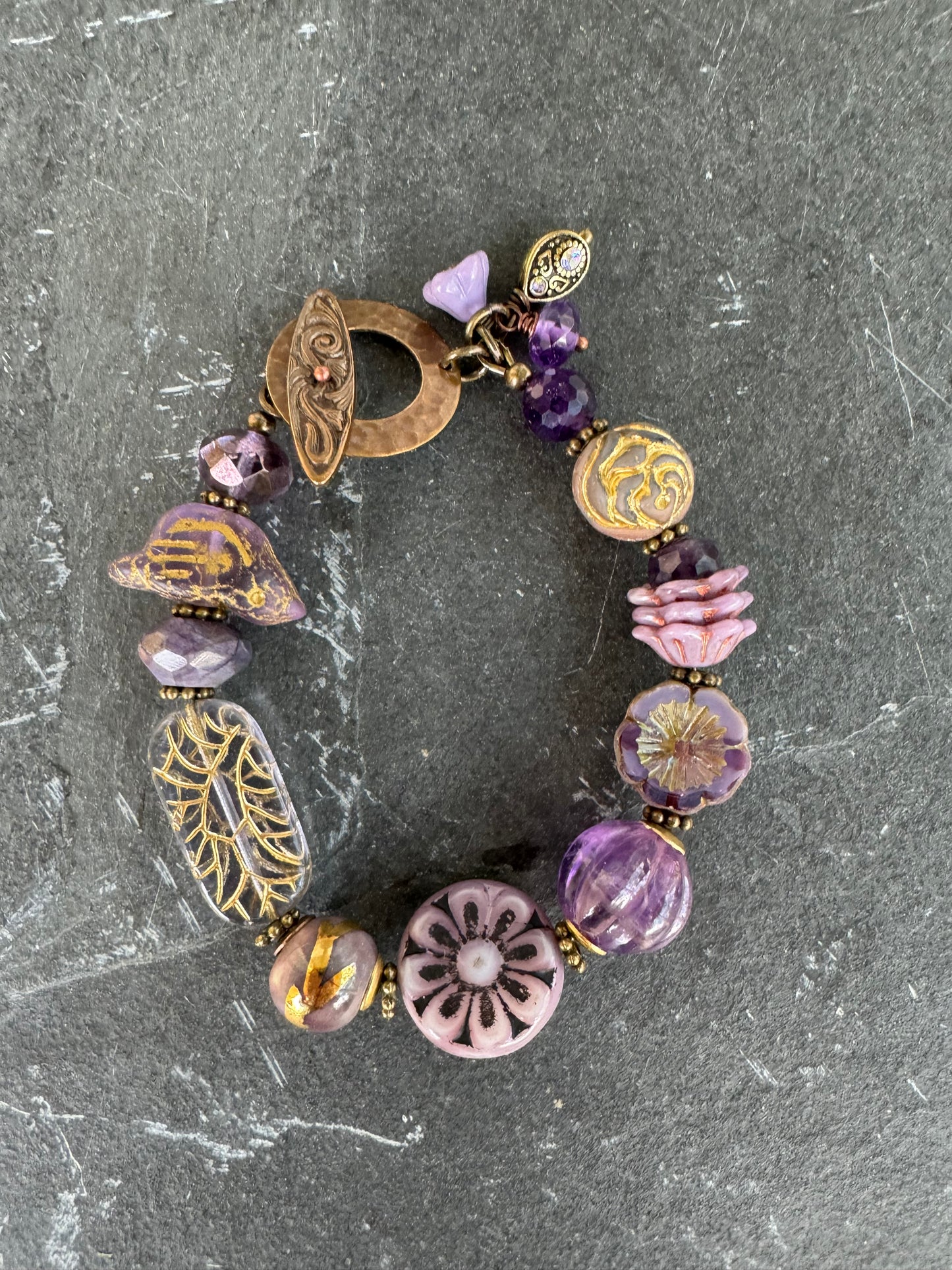 Amethyst stone, czech glass, brass, bracelet.