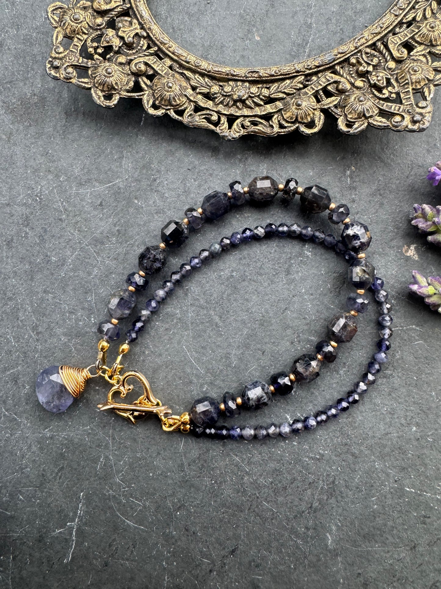 Iolite gemstone, brass metal, bracelet