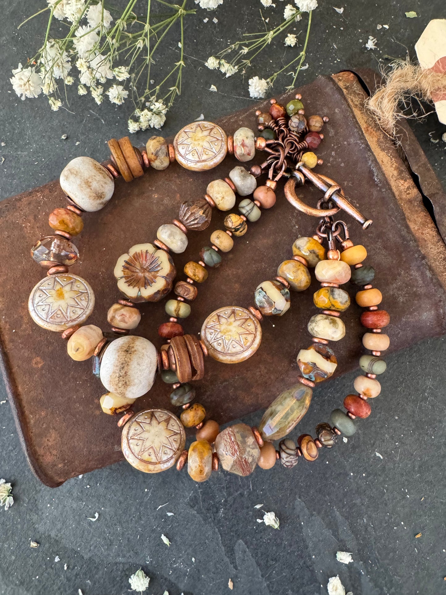 Jasper, crazy lace agate, ceramic,copper metal, bracelet.