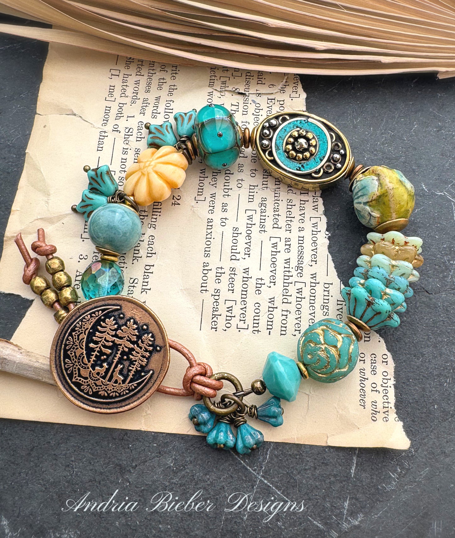 Handmade lampwork glass, Czech glass, ceramic, Indonesian with turquoise bead, bone flower and African brass, button flower, bracelet