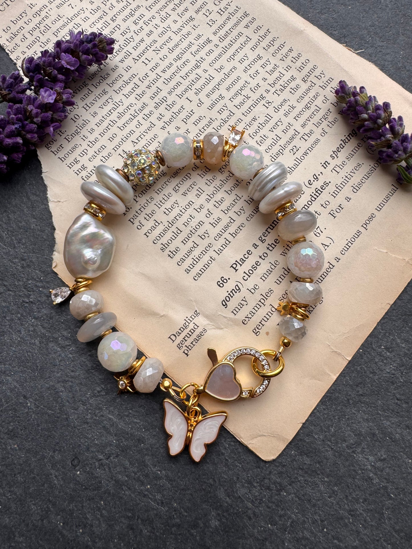 Freshwater AAA white Pearls, AB moonstone, rhinestone, gold metal, bracelet